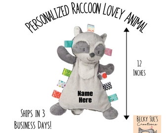 Personalized lovey animal raccoon. Precious gift for forest baby shower, newborn or toddler. Soft fabrics and satin tags for sensory play.