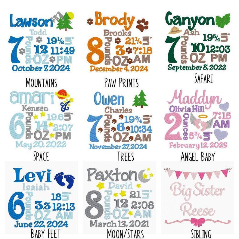 a collage of nine different baby names and their corresponding birth details, including the baby's name, birth date, and gender.