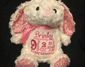 personalized stuffed animal bunny, baby announcement plush animal, birth announcement stuffed animal, baby gift, baby shower gift