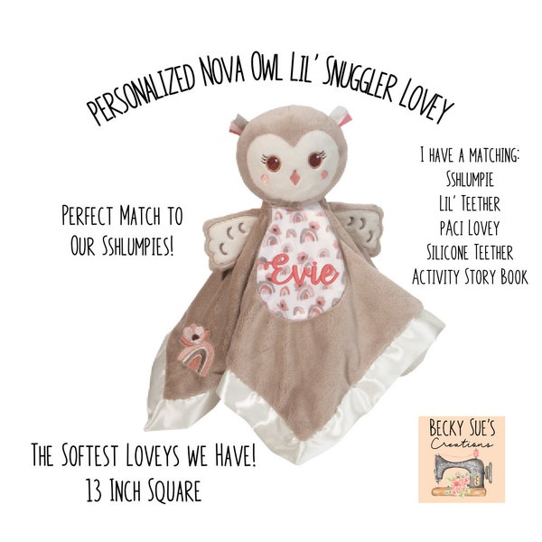 Baby Blanket Lovey Owl with embroidered name. Gift for baby, infant or toddler. Personalized lil' snuggler, newborn lovie, super soft minky