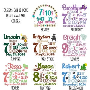 a collage of nine different designs, each representing a baby's birth month, weight, and gender. The designs include a variety of colors and styles, such as camping, farm stacking, flowers, and other elements. The designs are intended to be personalized and unique for each baby, reflecting their individual characteristics and preferences.