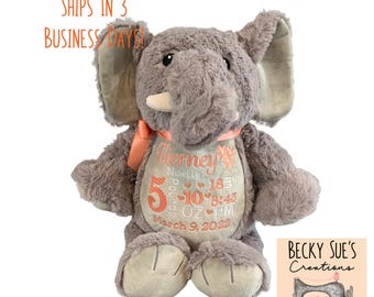 birth announcement stuffed animal, embroidered announcement plush animal, personalized stuffed animal baby gift, monogrammed gift, Elephant