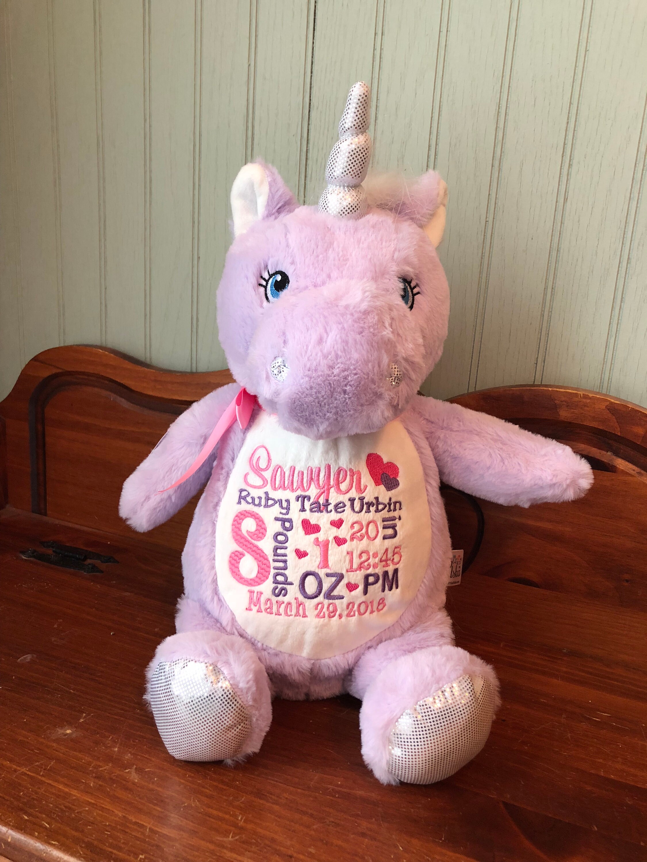 Personalized stuffed animal unicorn embroidered birth announcement st…
