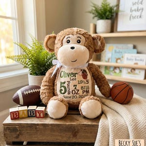 Personalized stuffed animal monkey, embroidered birth announcement, sports lover dad, new baby gift for parents, perfect present, unique