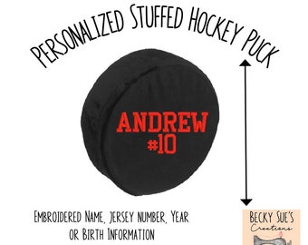 Personalized plush embroidered hockey puck. Soft stuffed gift for player or coach. Add name, jersey number, year & birth information