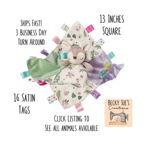 Personalized Baby Animal Taggie Lovey Blanket, Embroidered Soother Blanket, Gift for Baby, Baby Shower Gift, New Baby Gift, Sensory Fawn