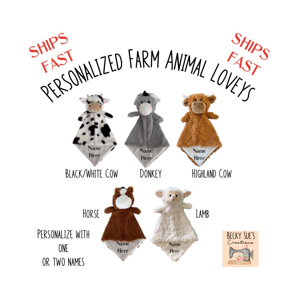 Personalized farm animal lovey blanket for baby or small child. Embroidered name in wide variety of colors and fonts. Perfect shower gift