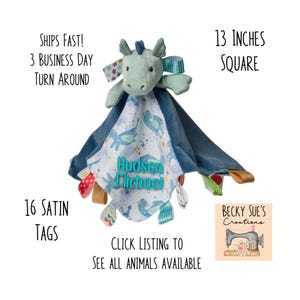 Personalized baby gift taggie blanket lovey, carseat or stroller sensory toy, Drax dragon fantasy blankie, soft, toddler or newborn soother