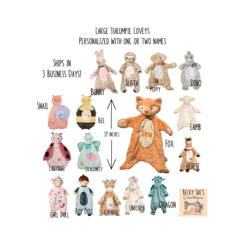 May include: A selection of plush loveys in animal designs, such as a bunny, sloth, fox, and dragon. The image shows the loveys are 48 cm in height and can be personalized. The text says "Large Sshlumpie Loveys" and "Personalized with one or two names."