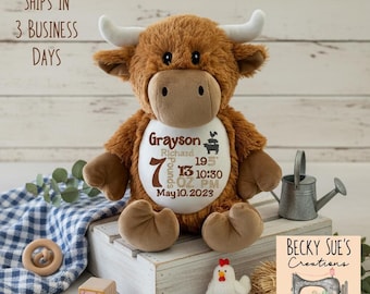 May include: A brown plush highland cow toy with white horns and a white belly patch embroidered with the name Grayson, birth details including 7 pounds 13 ounces, 10:30 PM, and May 10, 2023, alongside a small metal watering can and a wooden pig block.