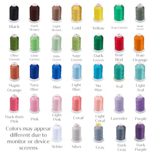 May include: A collection of 30 spools of thread in various colors, including black, brown, gold, and green. Each spool is labeled with its color name. The text at the bottom reads, "Colors may appear different due to monitor or device screens."