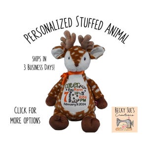 Personalized stuffed animal spotted fawn with birth information, embroidered birth announcement, embroidered woodland baby shower gift idea