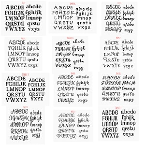 May include: A grid of 12 font samples, each displaying the alphabet in uppercase and lowercase. The fonts vary in style, including serif, sans-serif, and script. Each sample is labeled with a unique name, such as "Jiggy" or "Maggie".