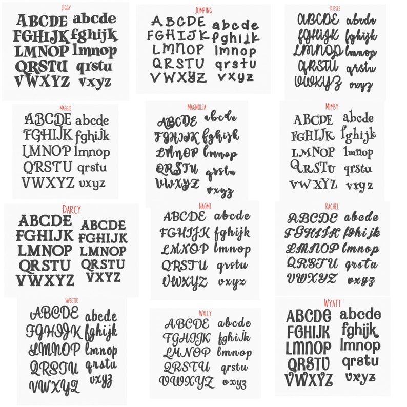 May include: A grid of 12 font samples, each displaying the alphabet in uppercase and lowercase. The fonts vary in style, including serif, sans-serif, and script. Each sample is labeled with a unique name, such as "Jiggy" or "Maggie".
