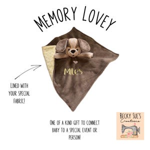 Memory lovey blanket made from wedding gown, bridesmaid dress or family member's clothing. Special gift for baby shower, newborn homecoming.