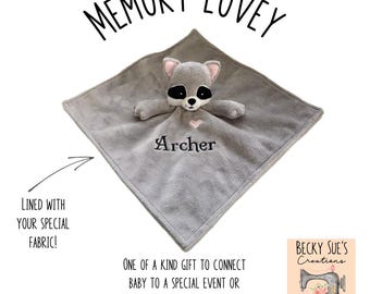 Memory lovey blanket made from wedding gown, bridesmaid dress or family member's clothing. Special gift for baby shower, newborn homecoming.