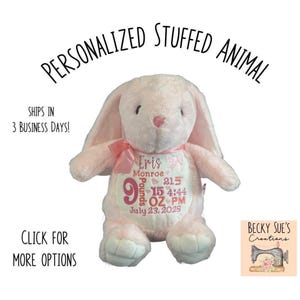 May include: A light pink plush rabbit stuffed animal with long ears and a pink ribbon around its neck. The chest features embroidered text including the name Eris Monroe, birth details of 9 pounds 15 ounces, 4:44 PM, and July 23, 2025.