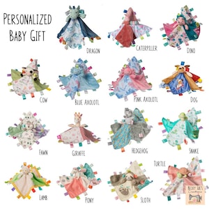 Personalized Baby Gift, Baby Animal Lovey Blanket, Soother Blanket, Gift for Baby, Baby Shower Gift, New Baby Gift, Sensory Taggie Blankey