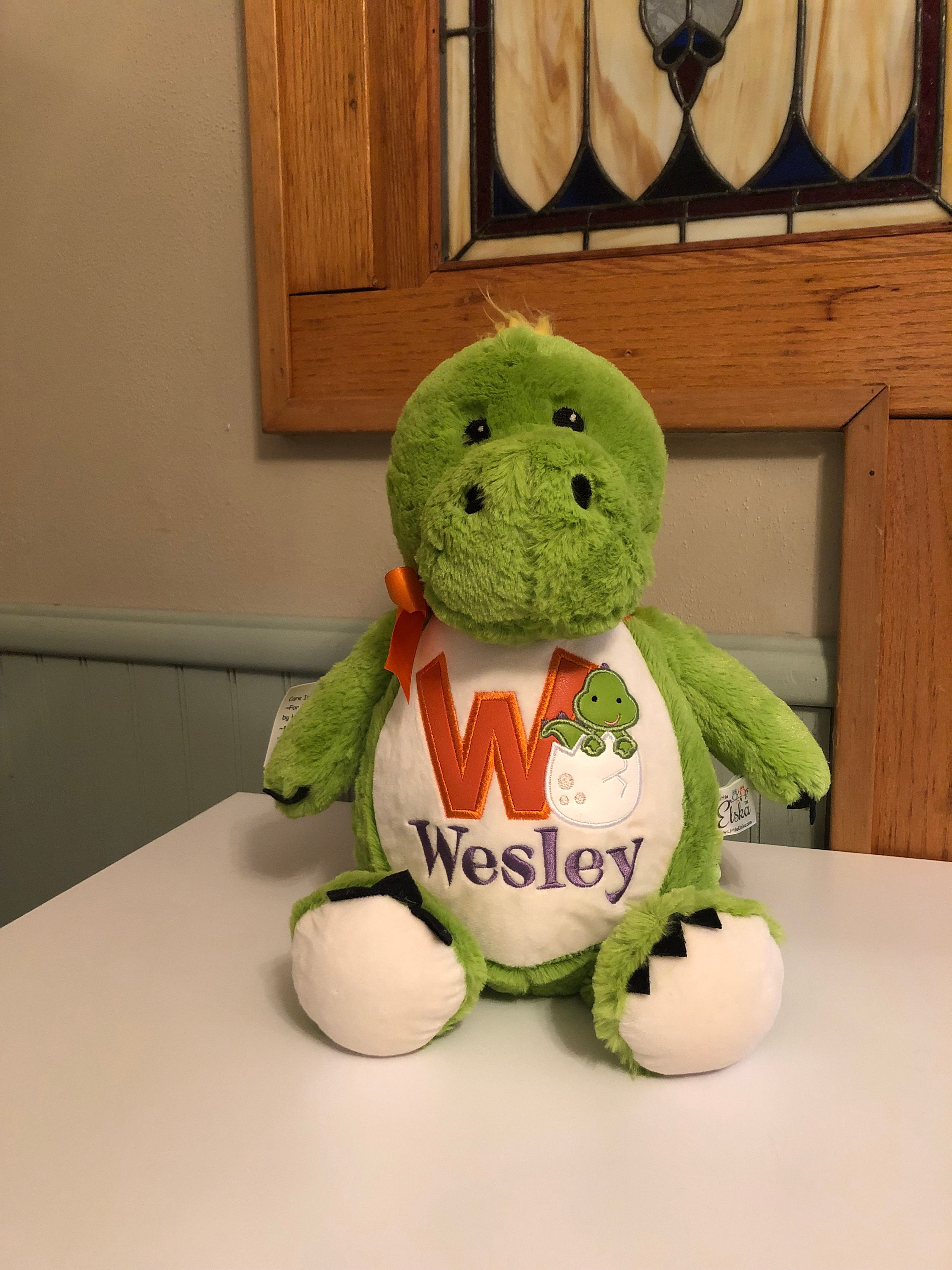 Personalized stuffed animal dinosaur embroidered birth announcement s…
