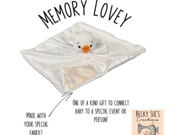 Memory lovey blanket made from wedding gown, bridesmaid dress or family member's clothing. Special gift for baby shower, newborn homecoming.
