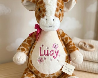 Personalized stuffed animal, giraffe birth announcement stuffed animal, handmade, embroidered, jungle, safari theme baby shower gift idea