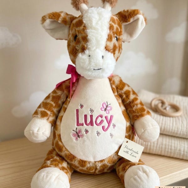 Personalized stuffed animal, giraffe birth announcement stuffed animal, handmade, embroidered, jungle, safari theme baby shower gift idea