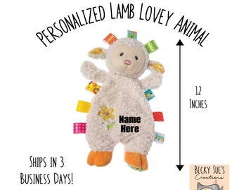 Personalized lovey animal lamb. Precious gift for country baby shower, newborn or toddler. Soft fabrics and satin tags for sensory play.