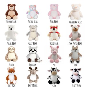 a collection of 16 different stuffed animals, each with unique features and designs. The animals include a brown bear, pastel bear, pink bear, guardian bear, polar bear, gray bear, hero bear, pink patch bear, sloth, raccoon, pig, fox, baby fox, baby moose, cow, and a baby moose.