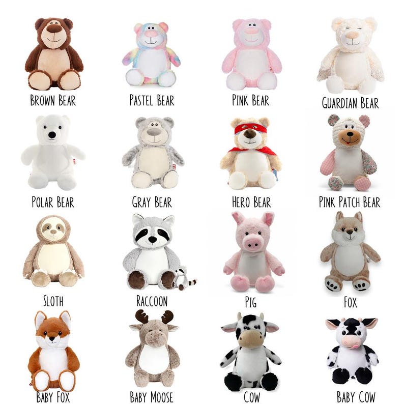 a collection of 16 different stuffed animals, each with unique features and designs. The animals include a brown bear, pastel bear, pink bear, guardian bear, polar bear, gray bear, hero bear, pink patch bear, sloth, raccoon, pig, fox, baby fox, baby moose, cow, and a baby moose.
