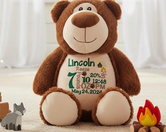 Personalized stuffed animal teddy bear embroidered birth announcement stuffed animal handmade embroidery outdoor baby shower gift idea