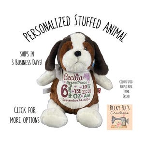 Personalized stuffed animal baby gift beagle dog, embroidered birth announcement, puppy friend baby shower idea, pretty calm neutral design