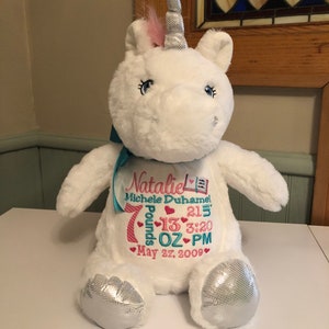 Personalized stuffed animal unicorn embroidered birth announcement stuffed animal handmade embroidered fantasy baby shower gift idea