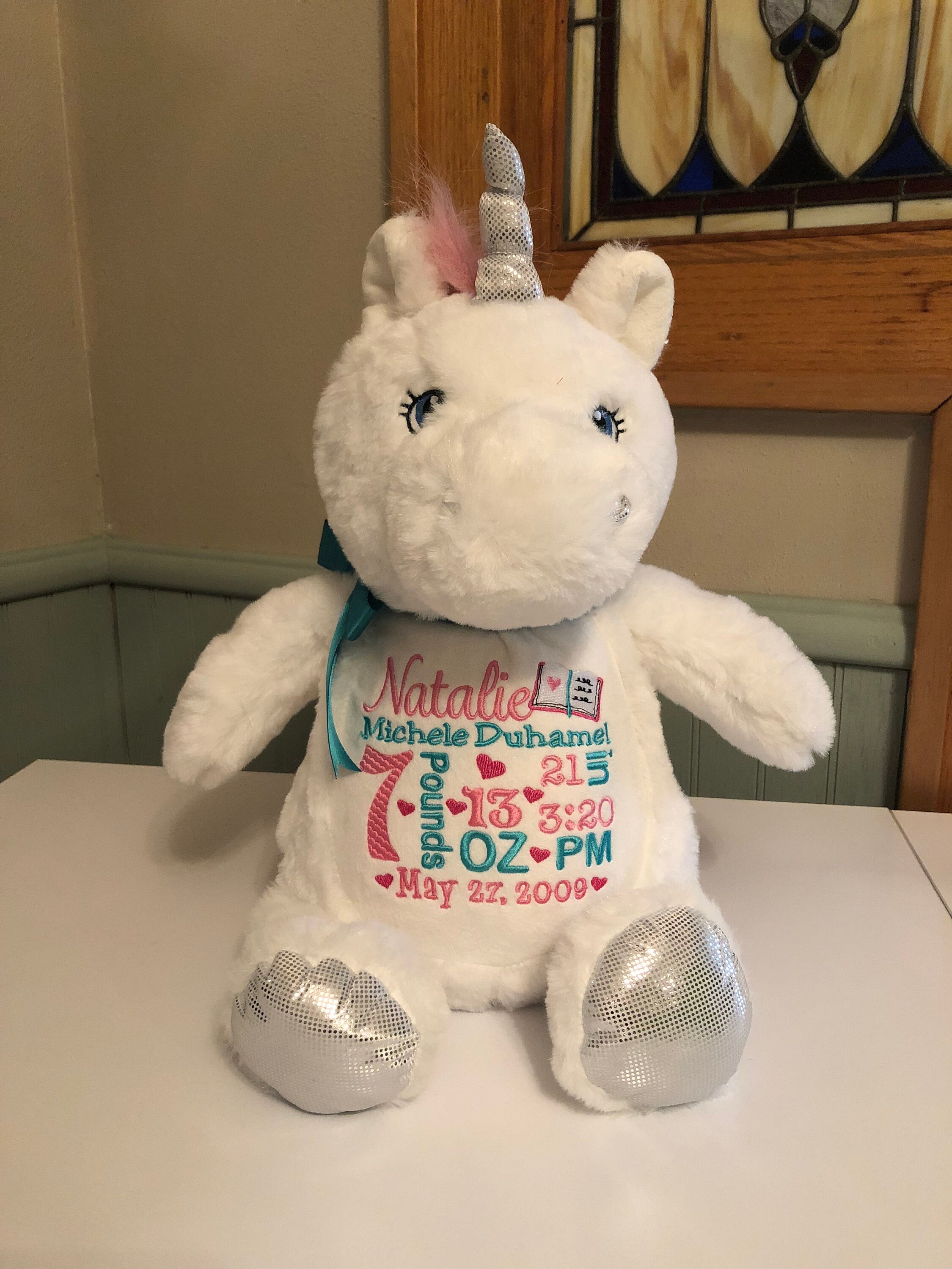 Personalized stuffed animal unicorn embroidered birth announcement st…