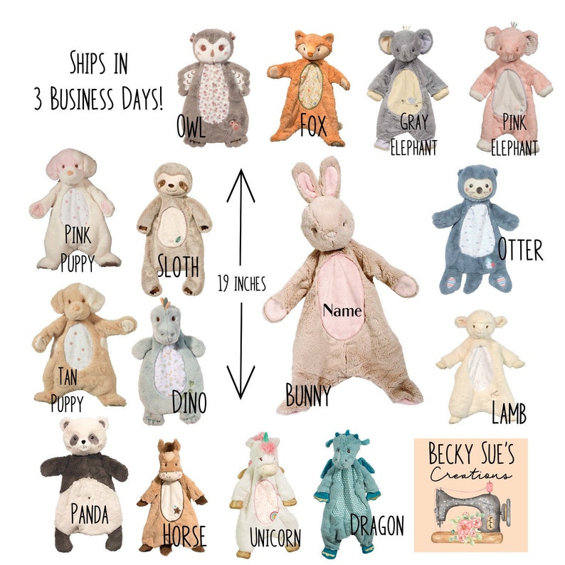 May include: A collection of plush animal blankets, including an owl, fox, gray elephant, pink elephant, pink puppy, sloth, bunny, otter, tan puppy, dino, lamb, panda, horse, unicorn, and dragon. The bunny blanket is 19 inches long. The blankets are in various colors.