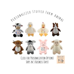 May include: A collection of eight plush farm animals including a cow, duck, chicken, horse, bull, donkey, pig, and sheep. Some animals feature embroidered text with names and birth details. The text reads PERSONALIZED STUFFED FARM ANIMAL.