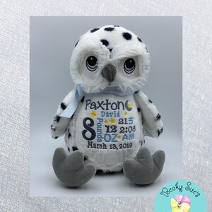 Personalized Snow Owl Stuffed Animal With Baby Birth Stats – Custom Embroidery Gift