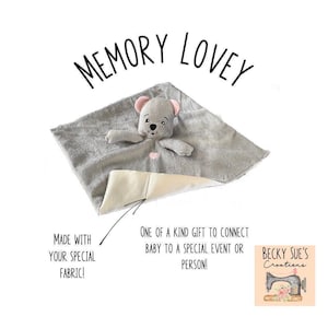 Memory lovey blanket made from wedding gown, bridesmaid dress or family member's clothing. Special gift for baby shower, newborn homecoming.