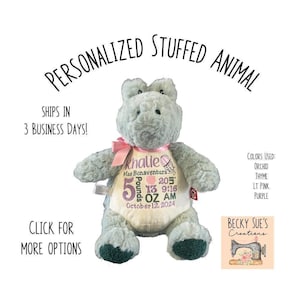 Personalized stuffed animal alligator with ocean theme embroidered birth announcement, beach baby shower gift, birth information present