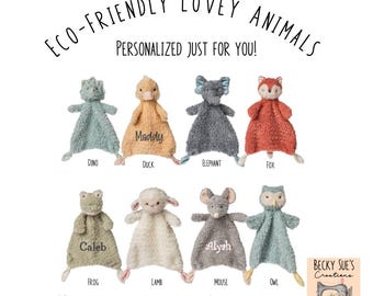 Personalized Eco-Friendly Lovey Animal, Sustainable baby gift with name, environmentally conscious parent present, neutral color pallet
