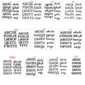 May include: A collection of various font styles, each displaying the alphabet in uppercase and lowercase. The fonts range from classic serif to modern script, with names like "Darcy", "Rainbow", and "Maggie" above each style. The letters are in black.