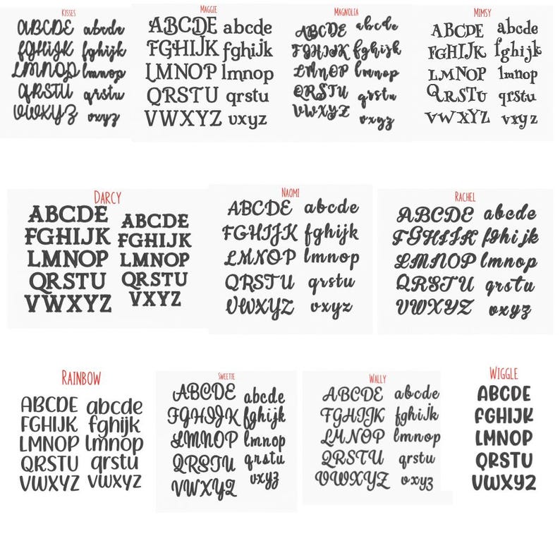 May include: A collection of various font styles, each displaying the alphabet in uppercase and lowercase. The fonts range from classic serif to modern script, with names like "Darcy", "Rainbow", and "Maggie" above each style. The letters are in black.