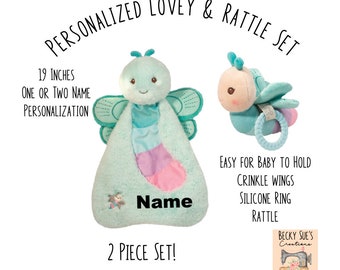 Personalized Dragonfly Sshlumpie Lovey and rattle set. Soft blanket animal with matching active toy, crinkle sound, rattle, silicone ring