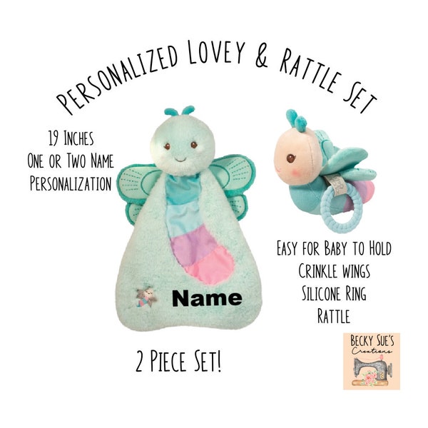 Personalized Dragonfly Sshlumpie Lovey and rattle set. Soft blanket animal with matching active toy, crinkle sound, rattle, silicone ring