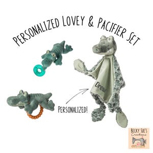 Personalized alligator lovey blanket, infant pacifier and rattle set. Embroidered name, cute gift for baby, Mary Meyer Afrique WubbaNub