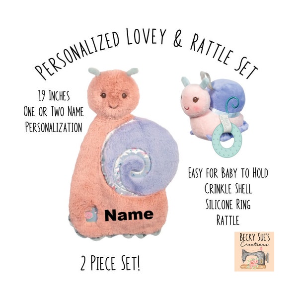 Personalized Snail Sshlumpie Lovey and rattle set. Super soft blanket animal with matching active toy, crinkle sound, rattle, silicone ring