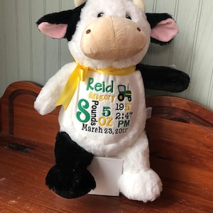 Personalized stuffed animal cow embroidered birth announcement stuffed animal handmade embroidered farm baby shower gift idea