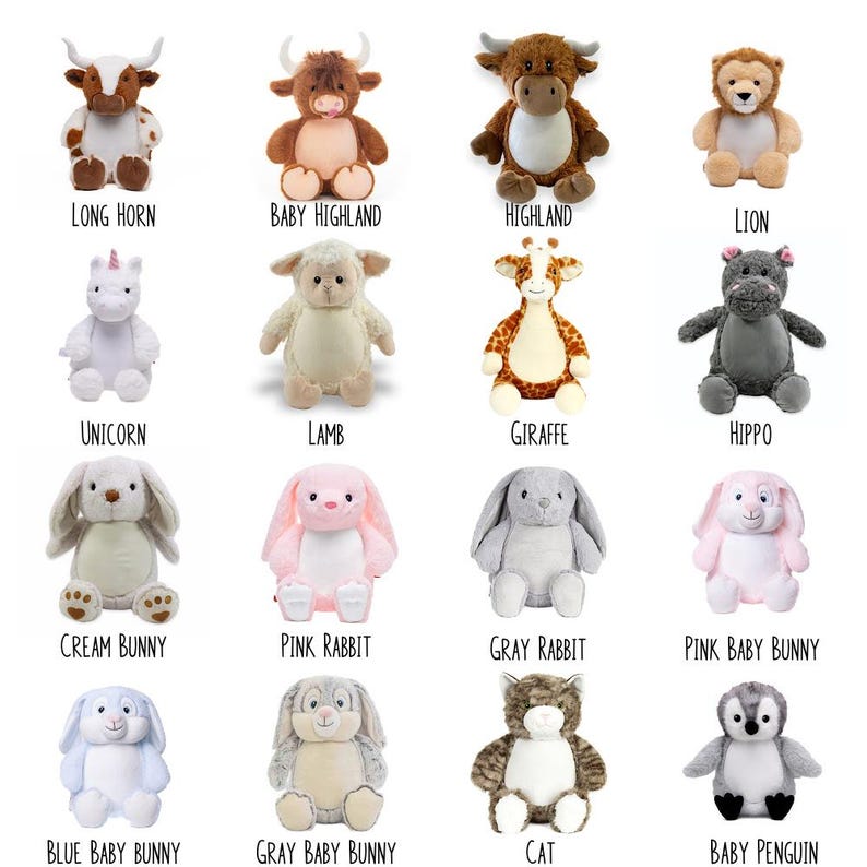 a collection of stuffed animals, including a cow, a lion, a unicorn, a lamb, a giraffe, a hippo, a creme bunny, a pink rabbit, a gray rabbit, a pink bunny, a blue bunny, a gray bunny, a cat, and a baby penguin.