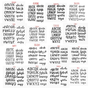 Op de afbeelding: Een raster van verschillende zwarte lettertypen, elk met hoofdletters en kleine letters. Lettertypestijlen zijn onder meer serif, sans-serif en script, met namen als "Abraham", "Almond" en "Barnyard" boven elk lettertype.