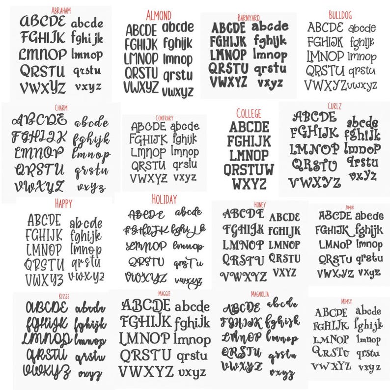 Op de afbeelding: Een raster van verschillende zwarte lettertypen, elk met hoofdletters en kleine letters. Lettertypestijlen zijn onder meer serif, sans-serif en script, met namen als "Abraham", "Almond" en "Barnyard" boven elk lettertype.