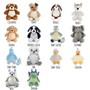 a group of stuffed animals with names on them